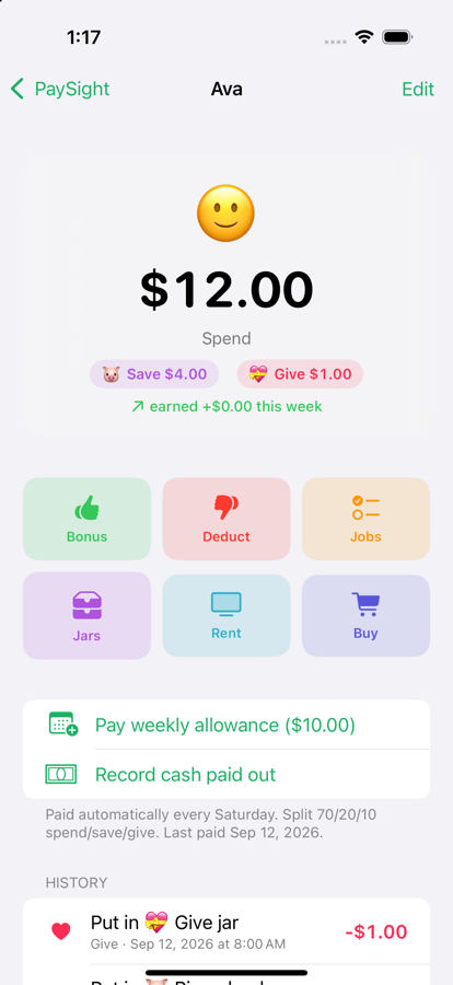 PaySight on iPhone: a child's balance with Spend, Save and Give totals and buttons for bonus, deduct, jobs, jars, rent and buy