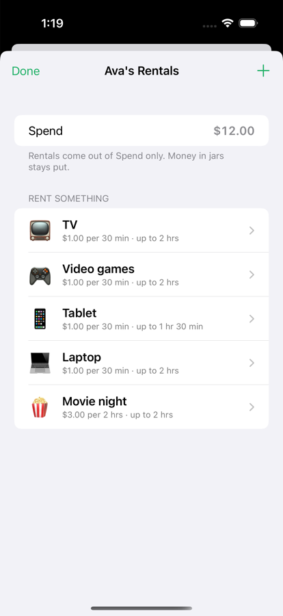 The Rentals screen with a TV rental counting down and a menu of things to rent